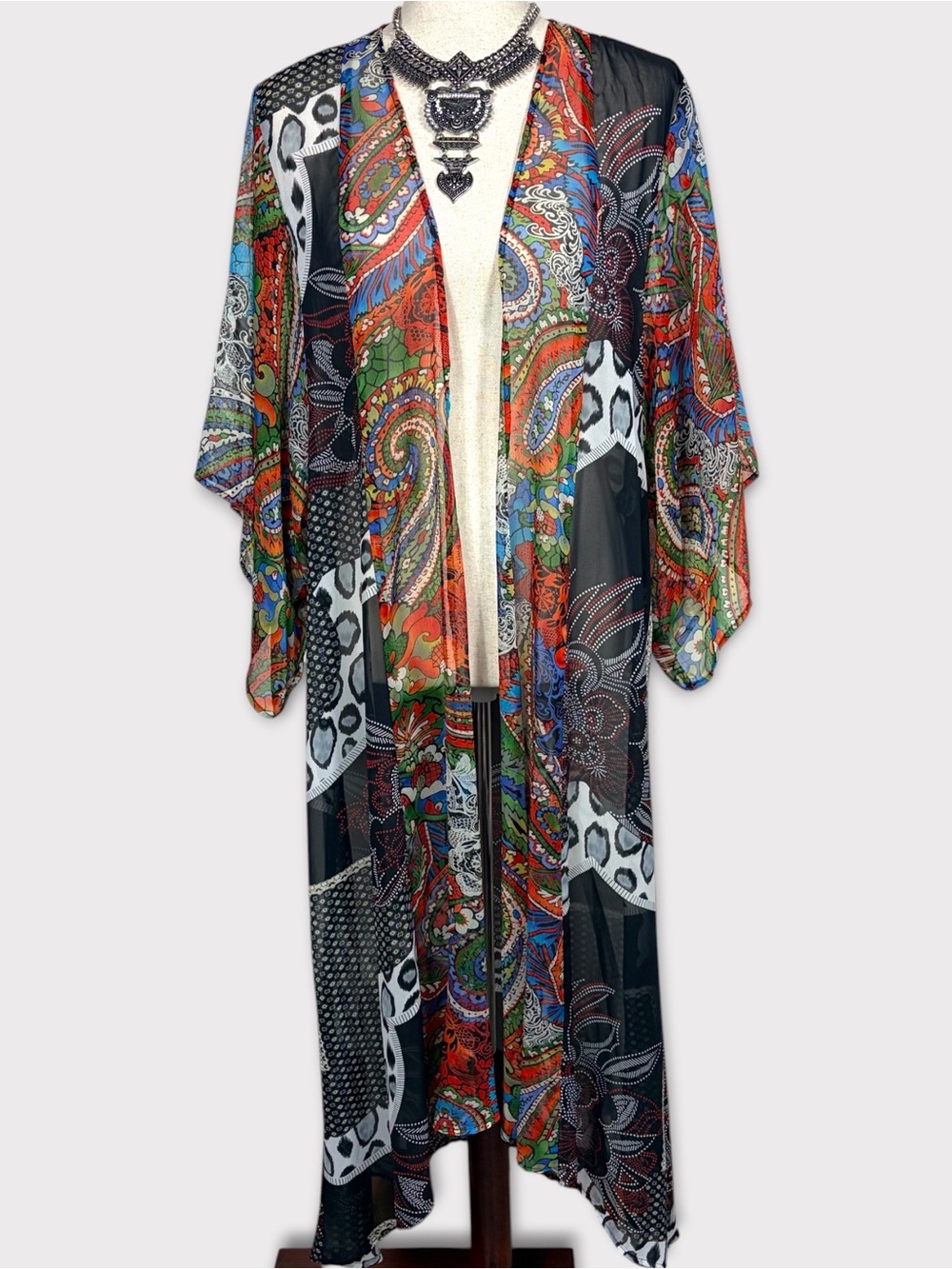 Sheer Patchwork Paisley Floral Kimono Duster Large Boho Festival Hippie Eclectic